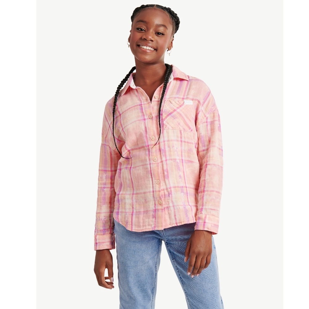 NWT Justice Girl's Long Sleeve Plaid Flannel Collared Top, Size: XS (5-6)